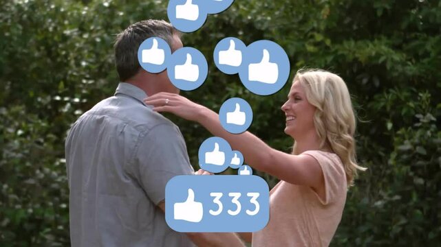 Hugging couple sharing marketing in garden, showing floating thumbs-up icons and 408 like counter