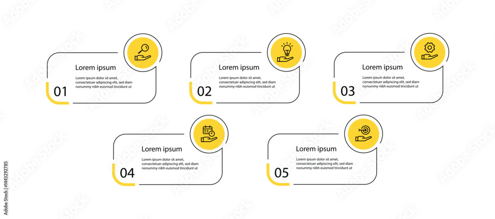 Poster 5 step table infographic template. timeline information graphic with line square, circle and yellow 