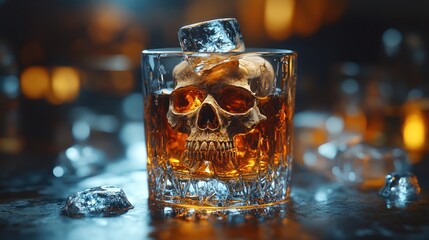 Skull glass with whiskey and ice cubes on a dark surface.