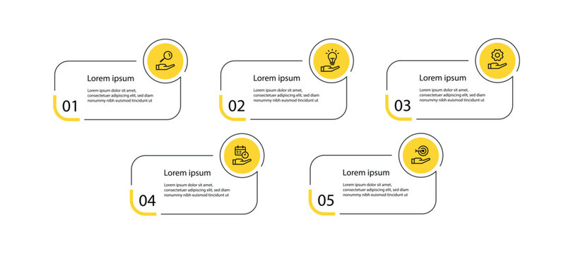 5 step table infographic template. Timeline information graphic with line square, circle and yellow colors.