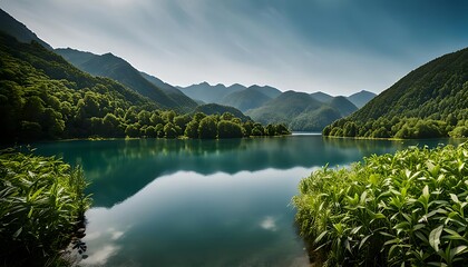 A serene lake surrounded by lush green mountains under a clear blue sky on a sunny day scene