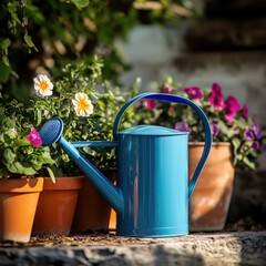 Vibrant blue watering can beside colorful flower pots in a sunny garden setting.