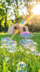 Colorful bubbles float in a grassy field, sunlight filters through trees