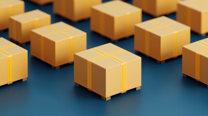 Obraz premium Close-Up View of Multiple Yellow Shipping Boxes on a Blue Background for Logistics and Delivery Concepts