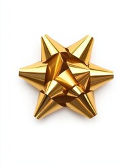 Elegant golden foil gift bow centered on a clean white backdrop capturing festive mood and holiday spirit with a bright and cheerful camera angle and studio lighting