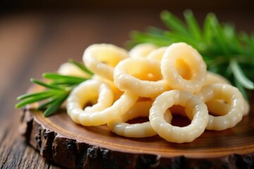 Close-up of Delicate Pale Yellow Onion Rings on Rustic Wooden Board with Fresh Herb Garnish