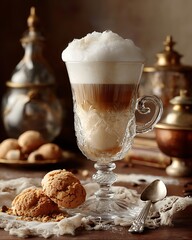 Frothy latte in a patterned glass, cookies, and ornate containers on a brown surface