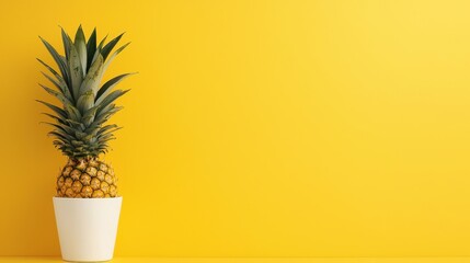 Fresh Pineapple in a White Pot Against a Bright Yellow Background for Vibrant Food Photography