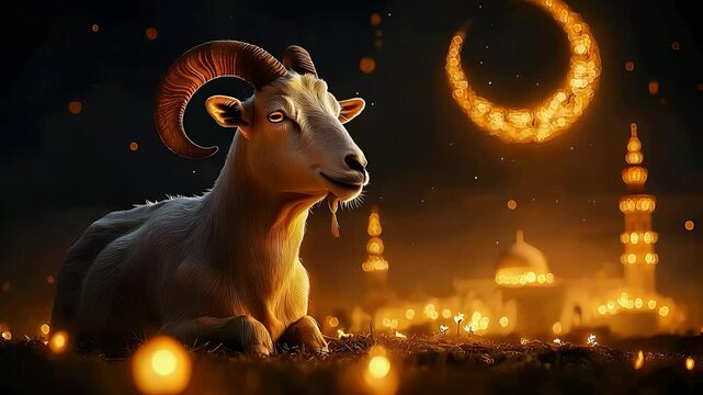 Ram with Crescent Moon and Mosque Silhouette in Background for Eid Celebration

