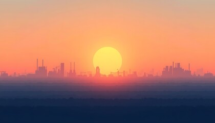 Fototapeta premium Serene sunset over a silhouetted cityscape, bathed in a warm, golden hue