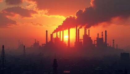 Industrial complex at sunset displaying air pollution with orange sky backdrop