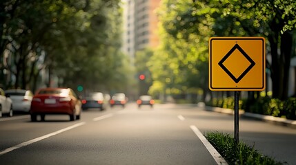 Road view yellow warning sign with centered diamond