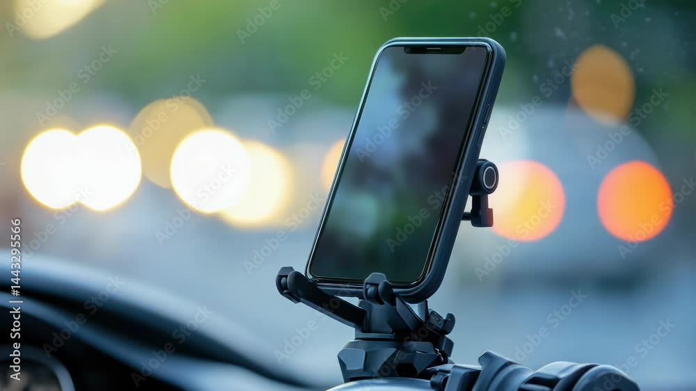 Poster a car dashboard featuring a cell phone in the holder, useful for travel and commute scenes