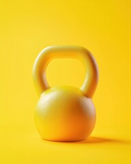 A vibrant yellow kettlebell stands against a bold yellow background, showcasing its smooth texture and modern design.