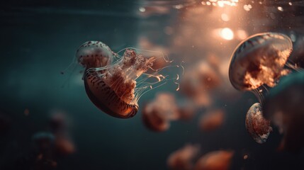 Underwater scene with jellyfish illuminated by sunlight