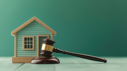 Model house with wooden gavel representing real estate law, justice and housing regulations, legal concept