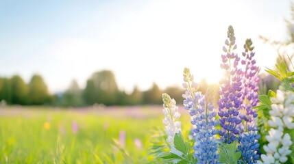 Obraz premium Purple and white lupine flowers blooming in a sunny green meadow during a bright summer day.