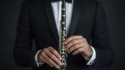 Elegant Musician Holding Clarinet in Formal Attire Against a Dark Background for Concert or Event Themes