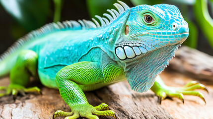 Fototapeta premium Vibrant green and blue iguana perched on wood, close-up showcasing intricate scales and detail. Captivating reptile portrait.
