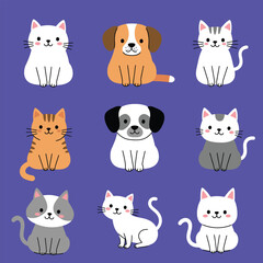 Cute pets collection. Vector flat cats and dogs set. Cartoon pets bundle