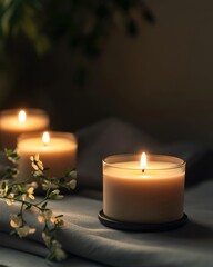 A cozy setup featuring glowing candles and delicate flowers, creating a warm and inviting atmosphere.