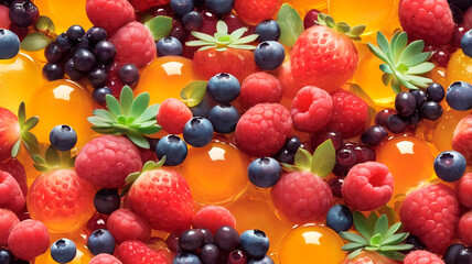 Photo of a colorful collection of fresh berries and jelly pieces
