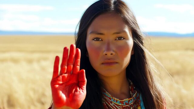 Young Native American woman holding up red painted hand, representing missing and murdered native and indigenous women