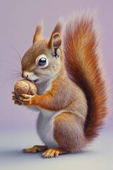 Obraz premium A charming red squirrel holding an acorn, showcasing its fluffy tail and curious expression.