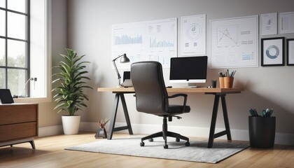 Fototapeta premium Modern office interiors blend work and business with computers on sleek desks and chairs for workspace design.