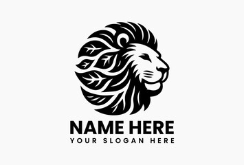 Nature-inspired lion logo icon featuring bold leaf elements, stylized vector animal emblem isolated on white background for organic and wildlife identity 
