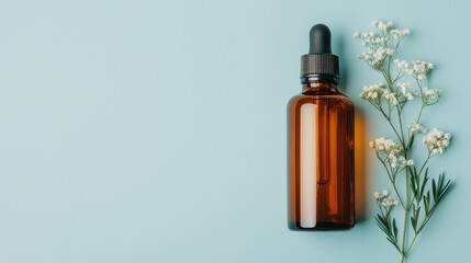 Amber glass dropper bottle with essential oil beside fresh white flowers on blue background