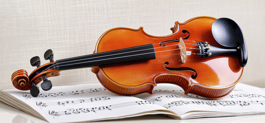 Fototapeta premium beautiful wooden violin resting sheet music, showcasing its elegant curves and craftsmanship. scene evokes sense of musical artistry and passion