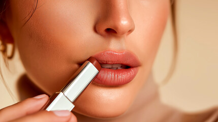 Naklejka premium Close-up of woman applying nude lipstick on natural lips against warm background, ideal for cosmetic branding, skincare promotion, beauty tutorials and makeup ads