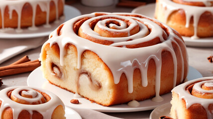 Photo of delicious cinnamon rolls covered with icing