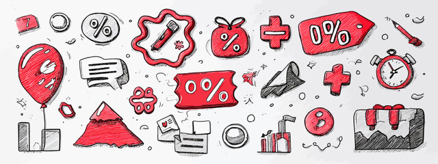 Discount sale icon set with percent and coupon doodles   -  