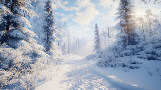 Snow Covered Trees in a Forest on a Sunny Winter Day