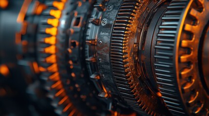 Fototapeta premium Close-up View of Industrial Machinery Gears with Warm Lighting Highlighting Metal Textures and Designs