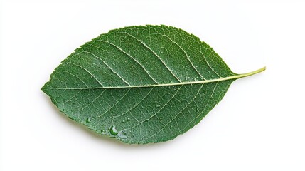 Obraz premium Fresh Green Leaf with Water Droplets on White Background for Nature and Sustainability Concepts