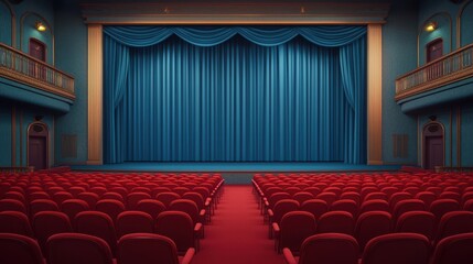 Fototapeta premium Elegant theater interior with ornate red seating and rich blue curtains drawn over the stage