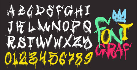 Graffiti spray font drops streaks. Vector alphabet and numbers with a spray in black over white. Grunge spray graffiti font. Sprayed ABC letter drops. Street art, design. Vector illustration.