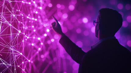businessman interacting with digital network, showcasing technology and innovation in vibrant purple setting