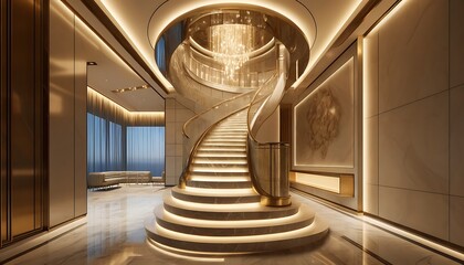 Illuminated spiral staircase with gold accents in a luxurious modern interior design setting