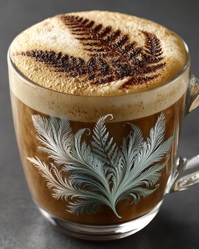 Decorated coffee cup. A delicious drink artfully designed with fern