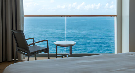 Fototapeta premium Peaceful Ocean View from Hotel Room with Blue Sea White Clouds Armchair and Bedding in a Modern Interior