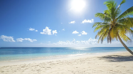 Naklejka premium serene beach scene featuring clear blue sky, gentle waves, and palm tree swaying in breeze, evoking sense of tranquility and relaxation