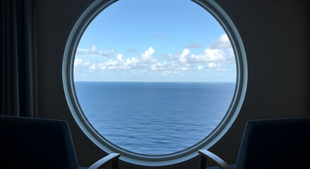 Fototapeta premium Scenic Azure Ocean View from Round Window with Two Chairs Under Clear Cloudy Sky on Cruise Ship