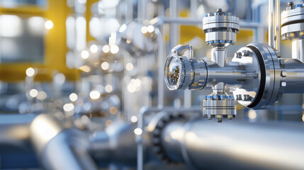 Fototapeta premium close up of industrial piping and valves showcasing shiny metal surfaces and intricate details, reflecting modern manufacturing environment