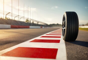 a single racing tire rests beside a white line with red blocks marking the edge of a racetrack under a bright, sunlit sky.