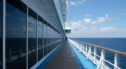 Fototapeta premium Scenic Cruise Ship Deck with Blue Railing Reflective Windows and Open Ocean Under a Partly Cloudy Sky