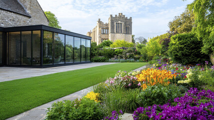 Obraz premium beautiful garden with vibrant flowers and modern glass extension, showcasing historic castle in background, creates serene atmosphere